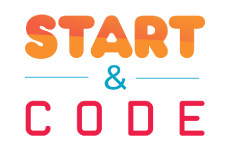 start code logo, styl wielokolorowe, branża technologia, rodzaj logo typograficzne, układ kwadratowe
