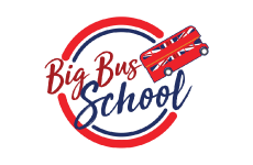 big bus school logo, styl ilustracja, branża dziecięca, rodzaj logo graficzne, układ w okręgu