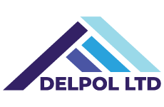 delpol logo, styl monochromatyczne, branża budowlana, rodzaj logo graficzne, układ poziome