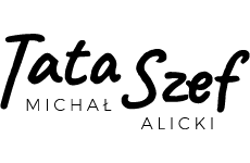 tata-szef logo, styl monochromatyczne, branża media, rodzaj logo typograficzne, układ poziome