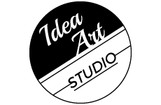 idea art logo, styl monochromatyczne, branża sztuka i rękodzieło, rodzaj logo typograficzne, układ w okręgu